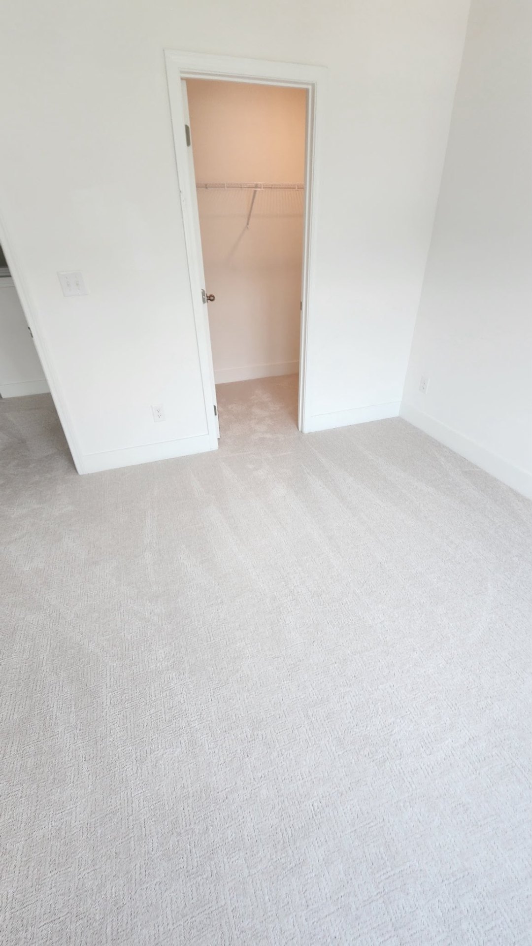 Freshly installed plush carpet in a bedroom